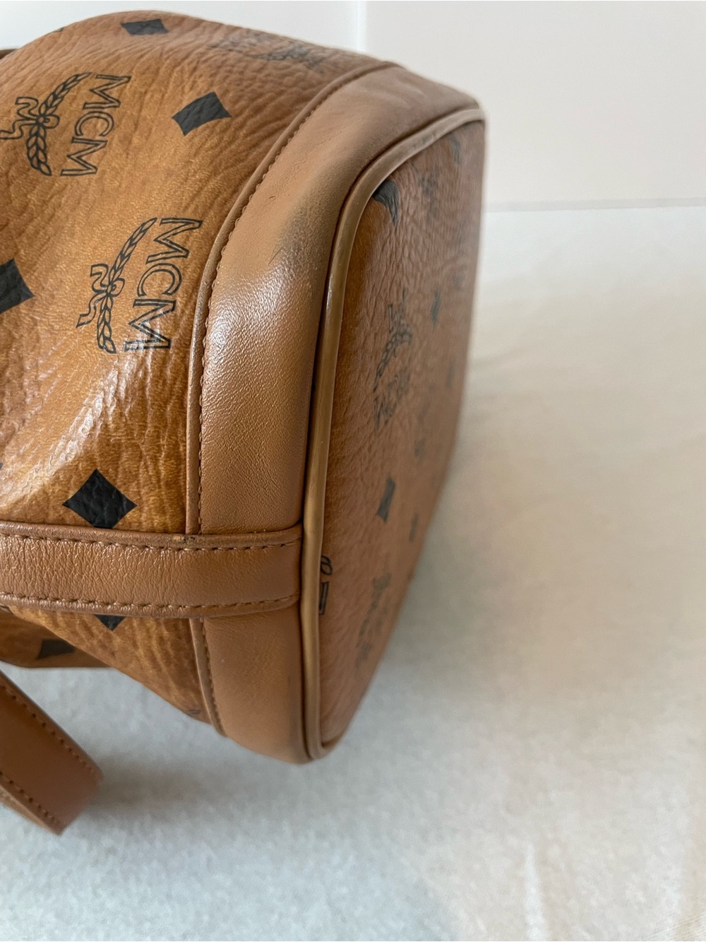 MCM Brown Logo Print Drawstring Bucket Bag w/ Detachable Strap Gold Hardware - Picture 10 of 15